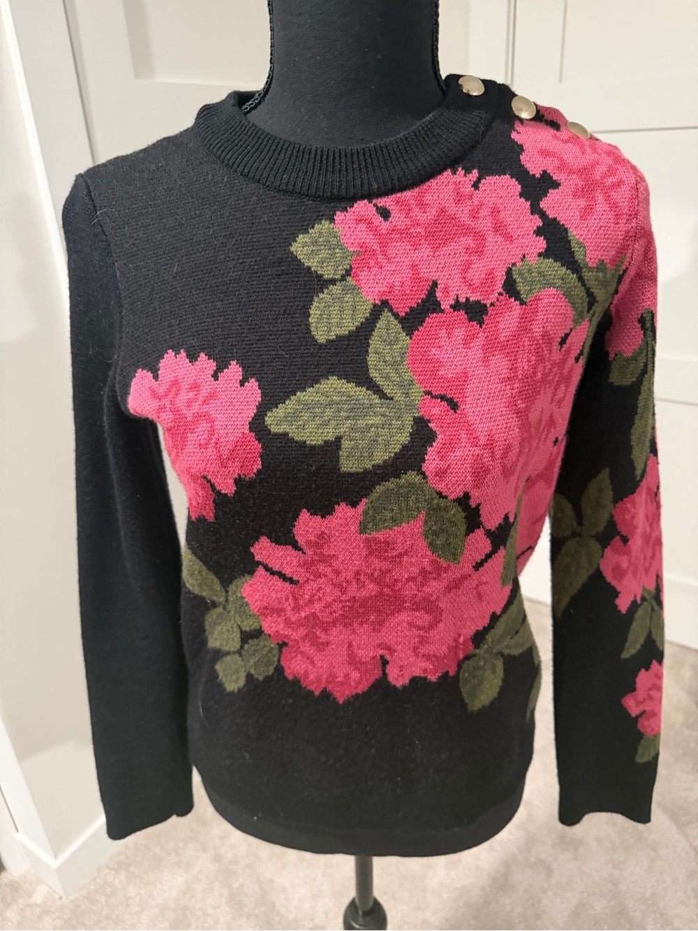 Sezane Black Crewneck Sweater with Pink Rose Intarsia
